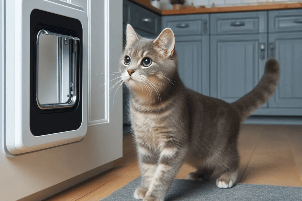 Chat à côté d'une chatière électronique