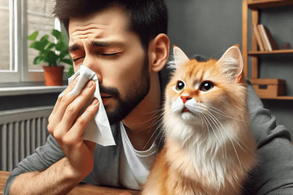 Homme allergique au chat qui se mouche