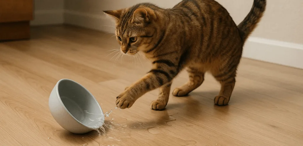 Chat qui renverse sa gamelle d'eau