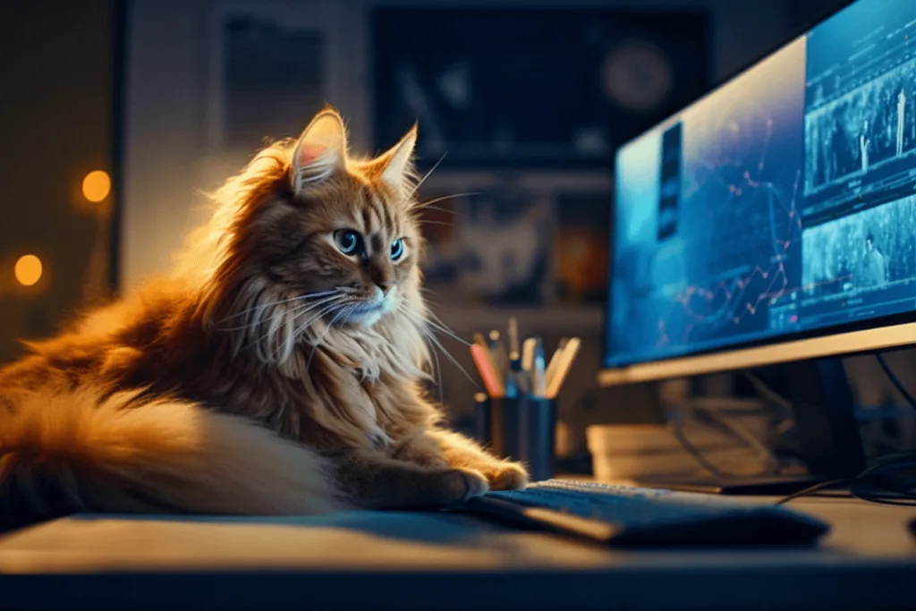 chat devant un ordinateur technologique