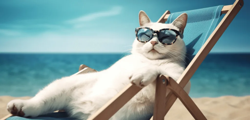 chat allongé sur un transat avec des lunettes de soleil