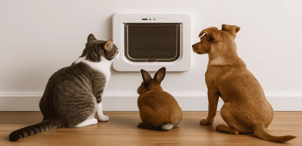 chat chien et lapin devant une chatiere electronique