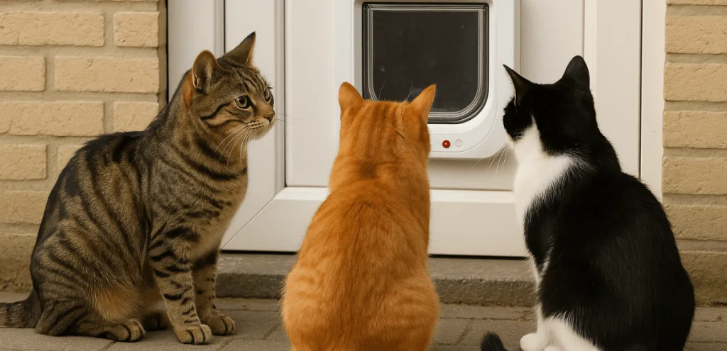3 chats devant une chatière electronique